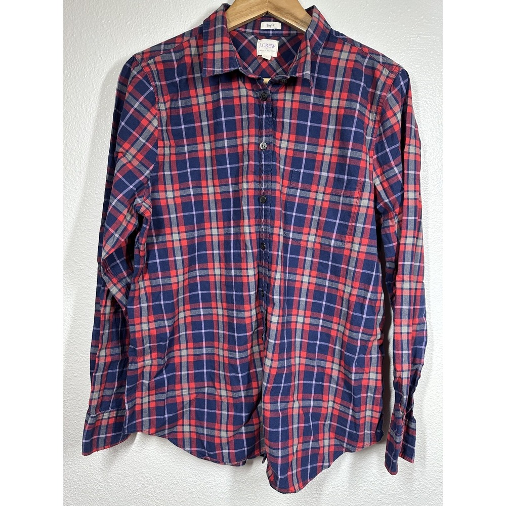 J Crew Shirt Mens Large Red Blue Plaid Button Up Boy Fit Casual Preppy Top